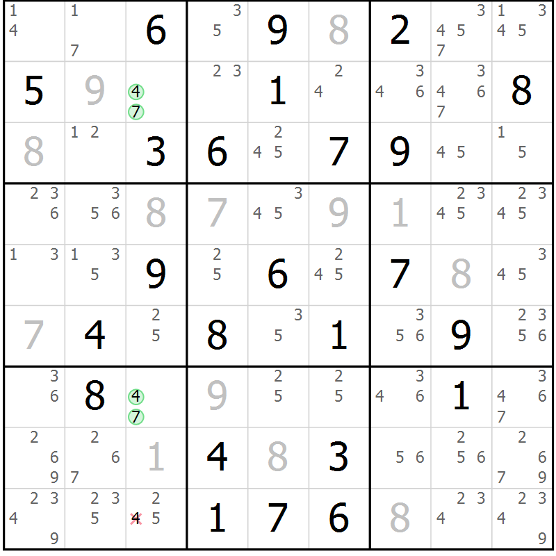 Position des candidats pour la solution de la Gr 57 page 60 du magazine de sudoku Maestro n° 099