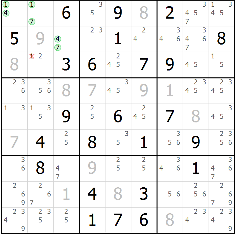 Position des candidats pour la solution de la Gr 57 page 60 du magazine de sudoku Maestro n° 099