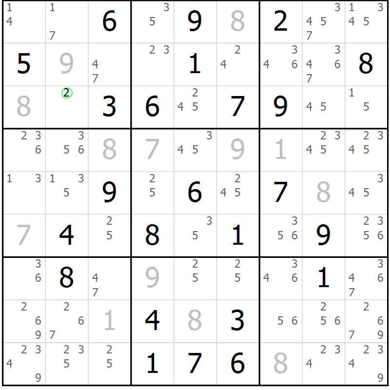 Position des candidats pour la solution de la Gr 57 page 60 du magazine de sudoku Maestro n° 099