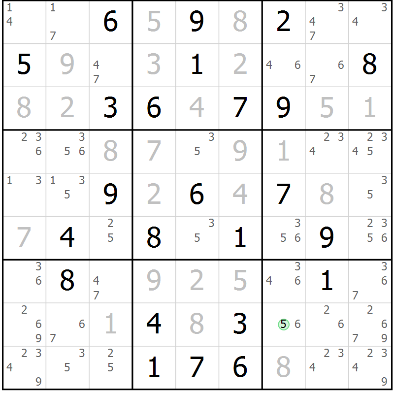 Position des candidats pour la solution de la Gr 57 page 60 du magazine de sudoku Maestro n° 099