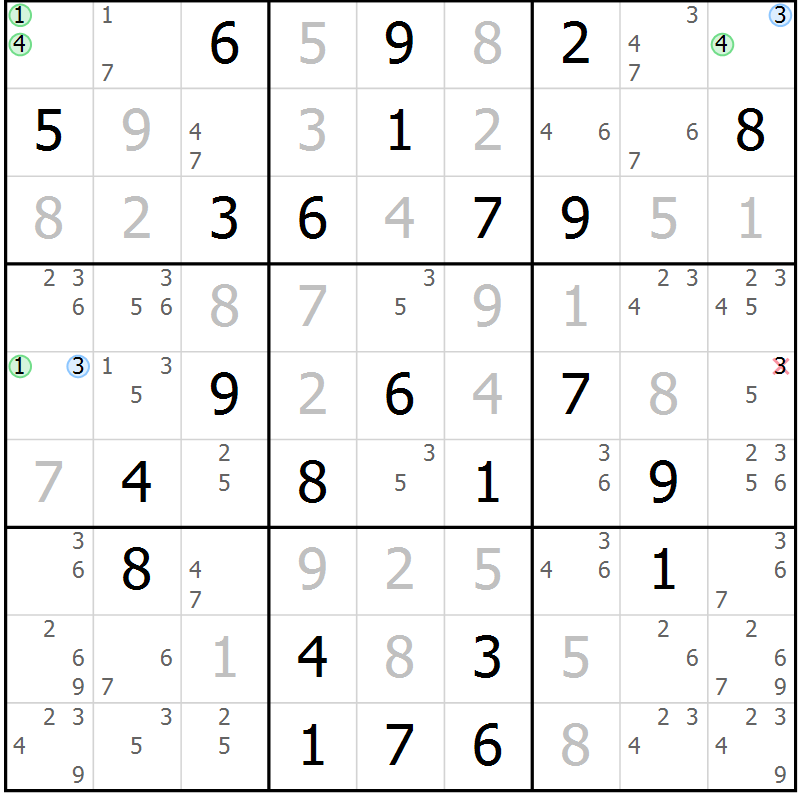 Position des candidats pour la solution de la Gr 57 page 60 du magazine de sudoku Maestro n° 099