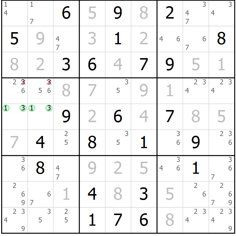 Position des candidats pour la solution de la Gr 57 page 60 du magazine de sudoku Maestro n° 099