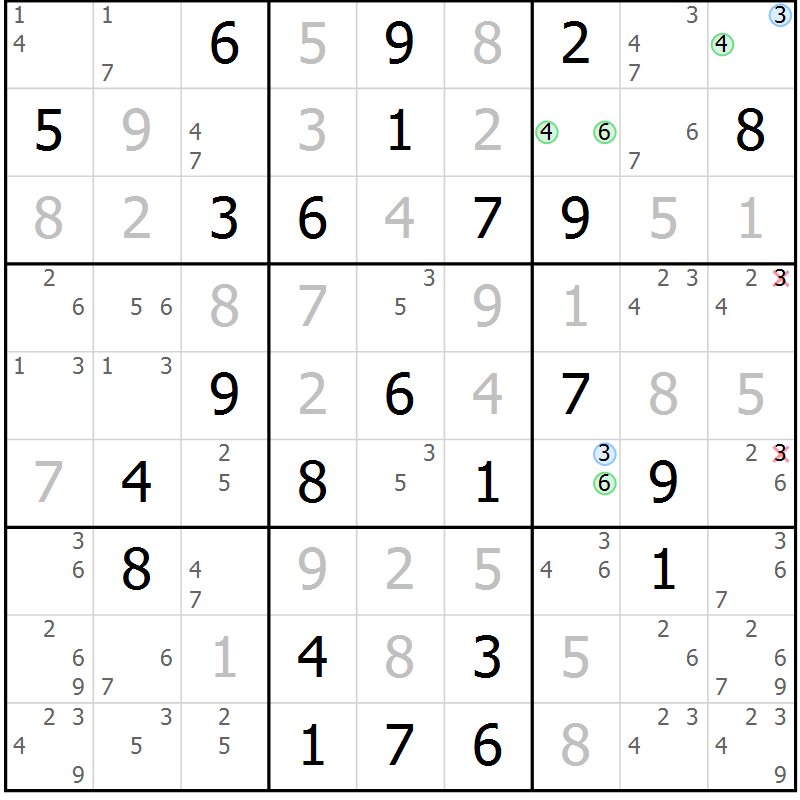Position des candidats pour la solution de la Gr 57 page 60 du magazine de sudoku Maestro n° 099