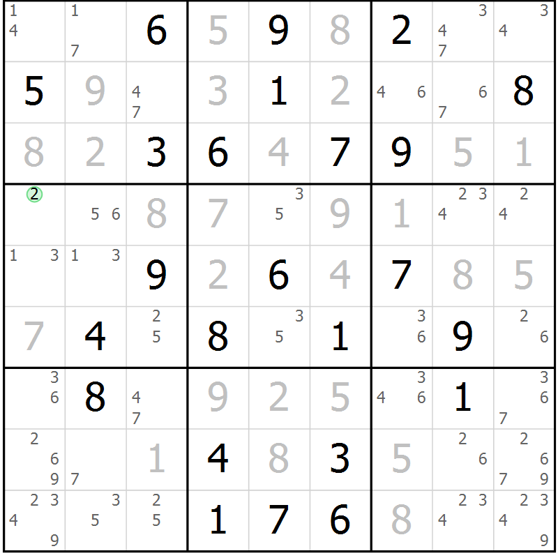 Position des candidats pour la solution de la Gr 57 page 60 du magazine de sudoku Maestro n° 099