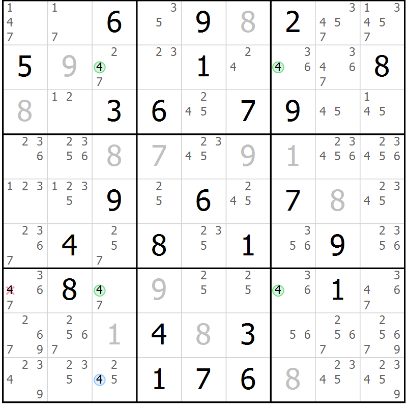 Position des candidats pour la solution de la Gr 57 page 60 du magazine de sudoku Maestro n° 099