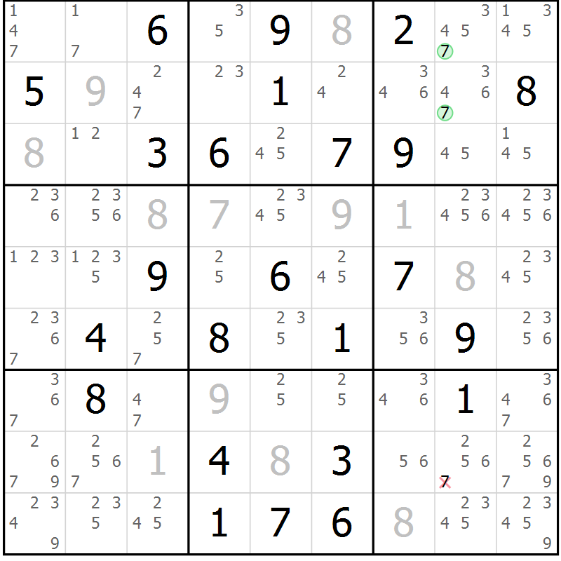 Position des candidats pour la solution de la Gr 57 page 60 du magazine de sudoku Maestro n° 099