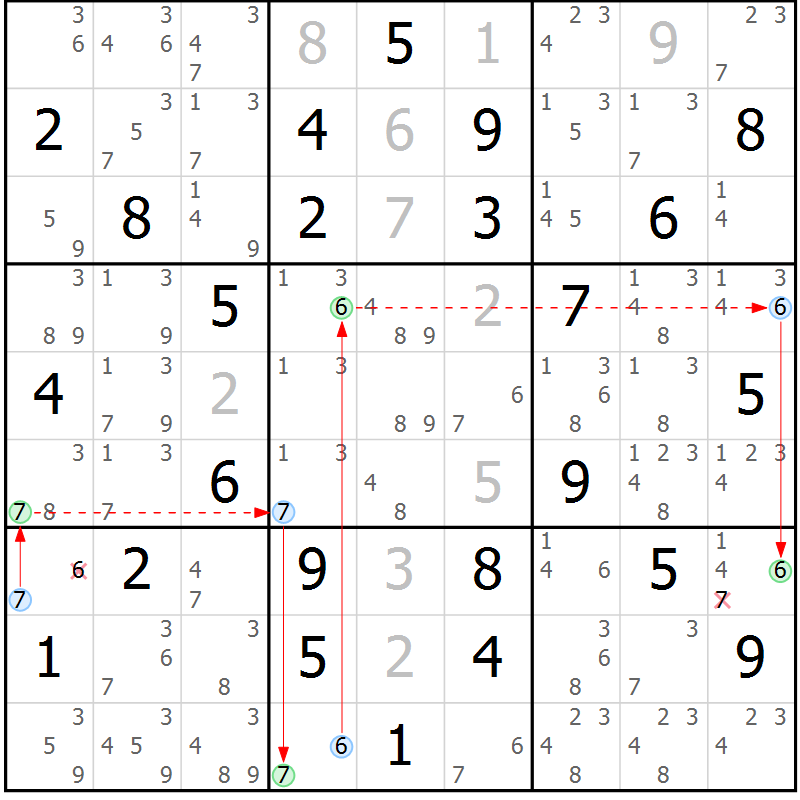 Position des candidats pour la solution de la Gr 58 page 61 du magazine de sudoku Maestro n° 099