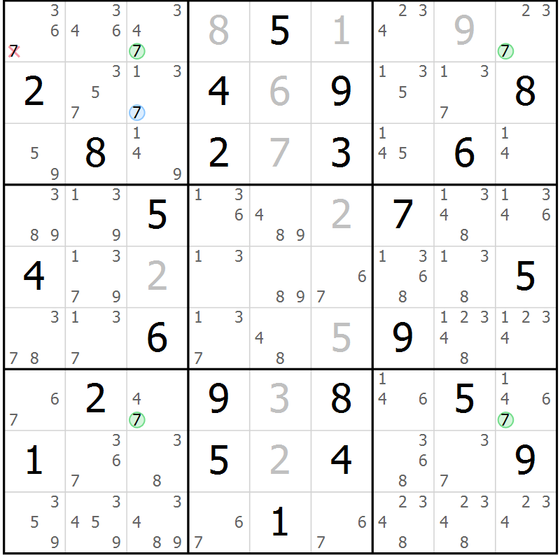 Position des candidats pour la solution de la Gr 58 page 61 du magazine de sudoku Maestro n° 099