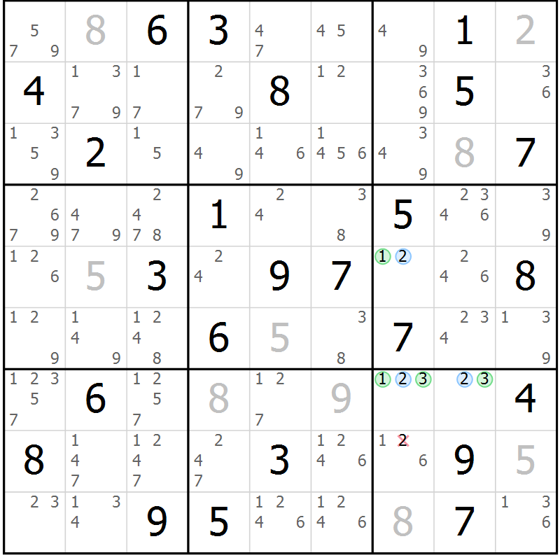 Position des candidats pour la solution de la Gr 59 page 62 du magazine de sudoku Maestro n° 099