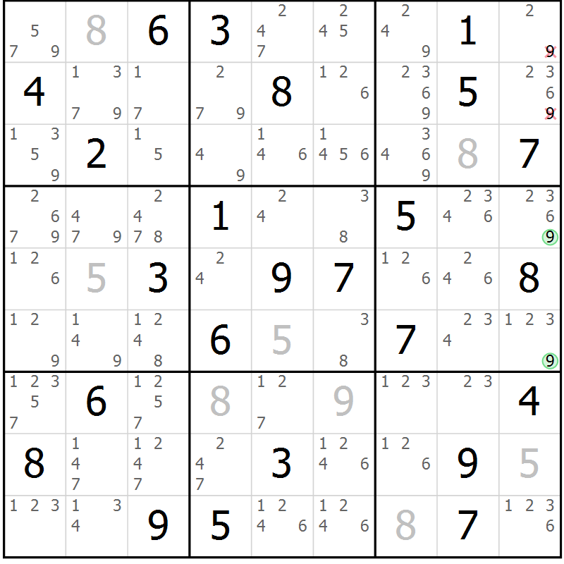 Position des candidats pour la solution de la Gr 59 page 62 du magazine de sudoku Maestro n° 099