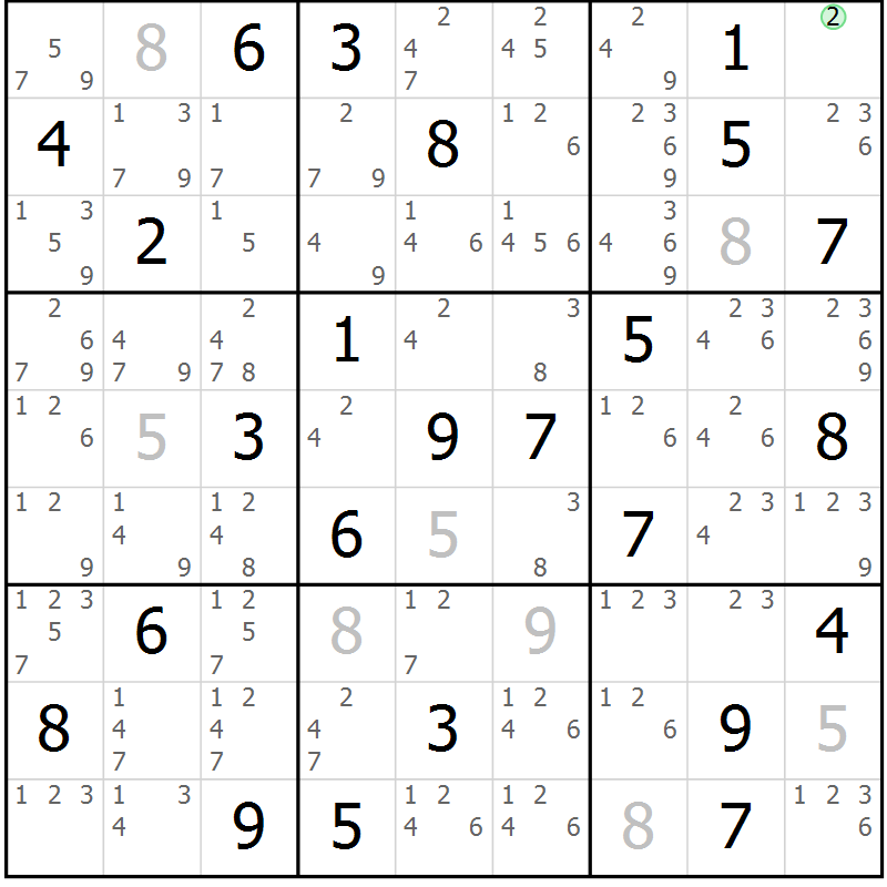 Position des candidats pour la solution de la Gr 59 page 62 du magazine de sudoku Maestro n° 099