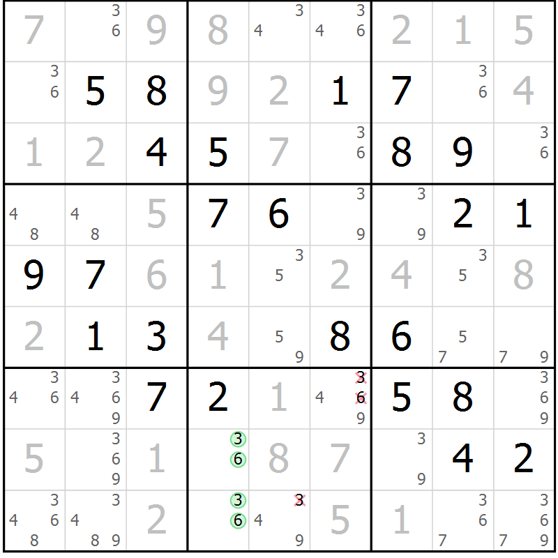 Position des candidats pour la solution de la Gr 6 page 9 du magazine de sudoku Maestro n° 099