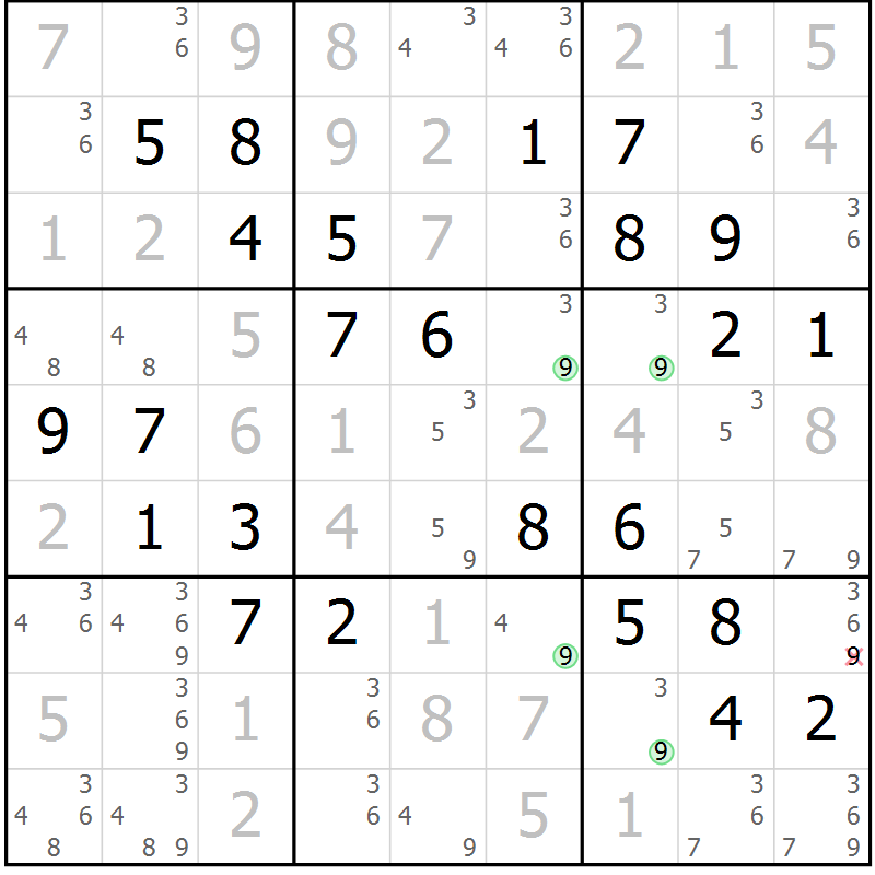 Position des candidats pour la solution de la Gr 6 page 9 du magazine de sudoku Maestro n° 099