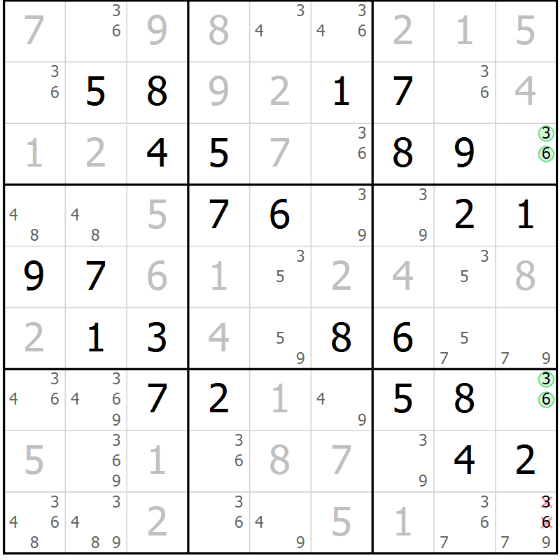 Position des candidats pour la solution de la Gr 6 page 9 du magazine de sudoku Maestro n° 099