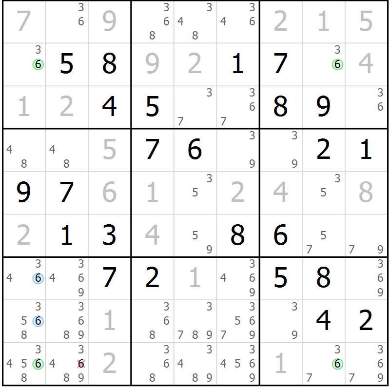 Position des candidats pour la solution de la Gr 6 page 9 du magazine de sudoku Maestro n° 099