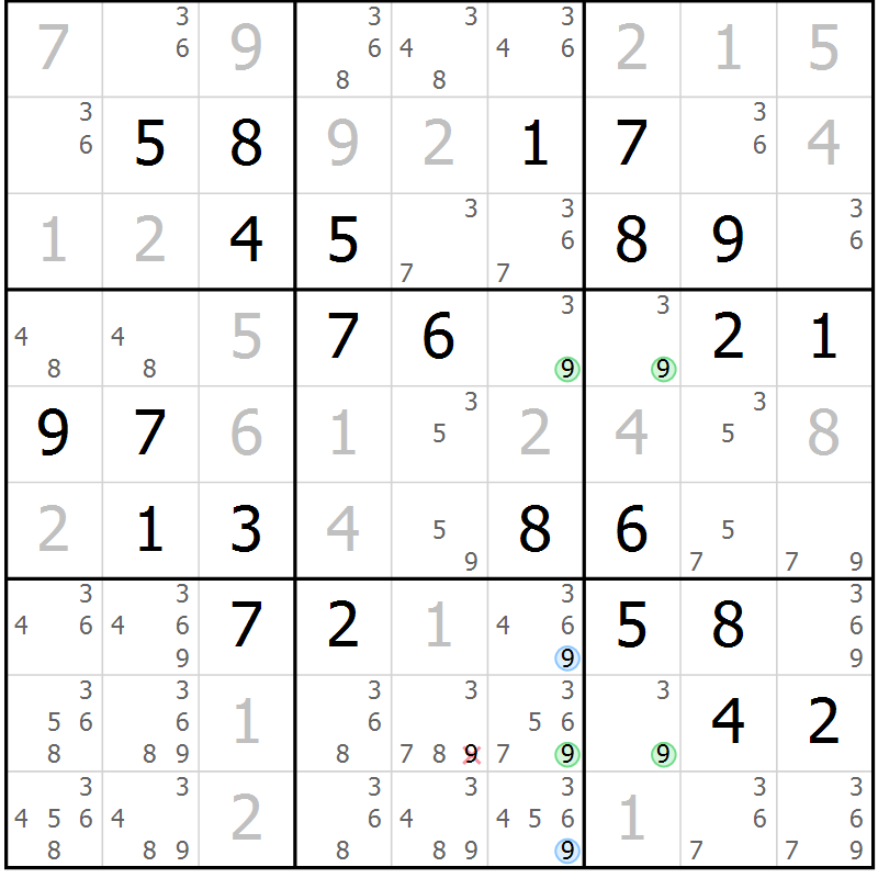 Position des candidats pour la solution de la Gr 6 page 9 du magazine de sudoku Maestro n° 099