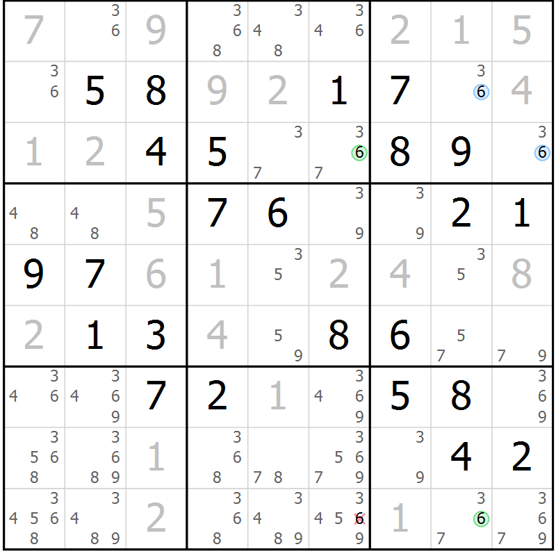 Position des candidats pour la solution de la Gr 6 page 9 du magazine de sudoku Maestro n° 099