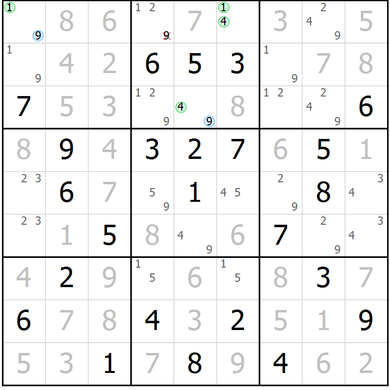 Position des candidats pour la solution de la Gr 60 page 63 du magazine de sudoku Maestro n° 099