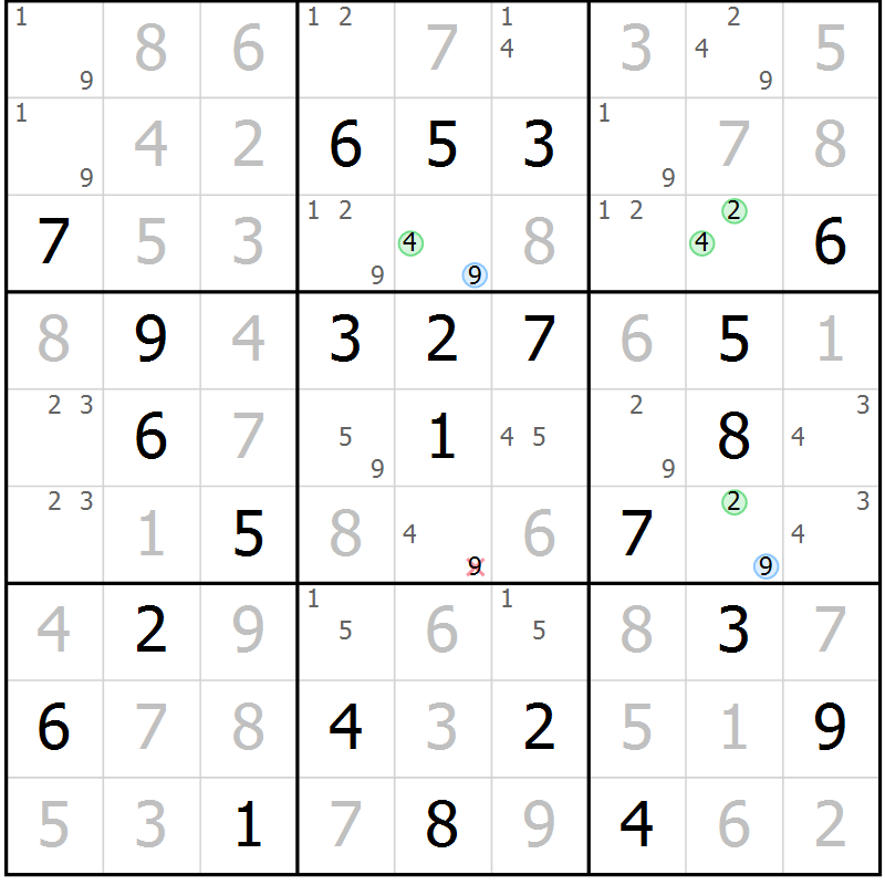 Position des candidats pour la solution de la Gr 60 page 63 du magazine de sudoku Maestro n° 099