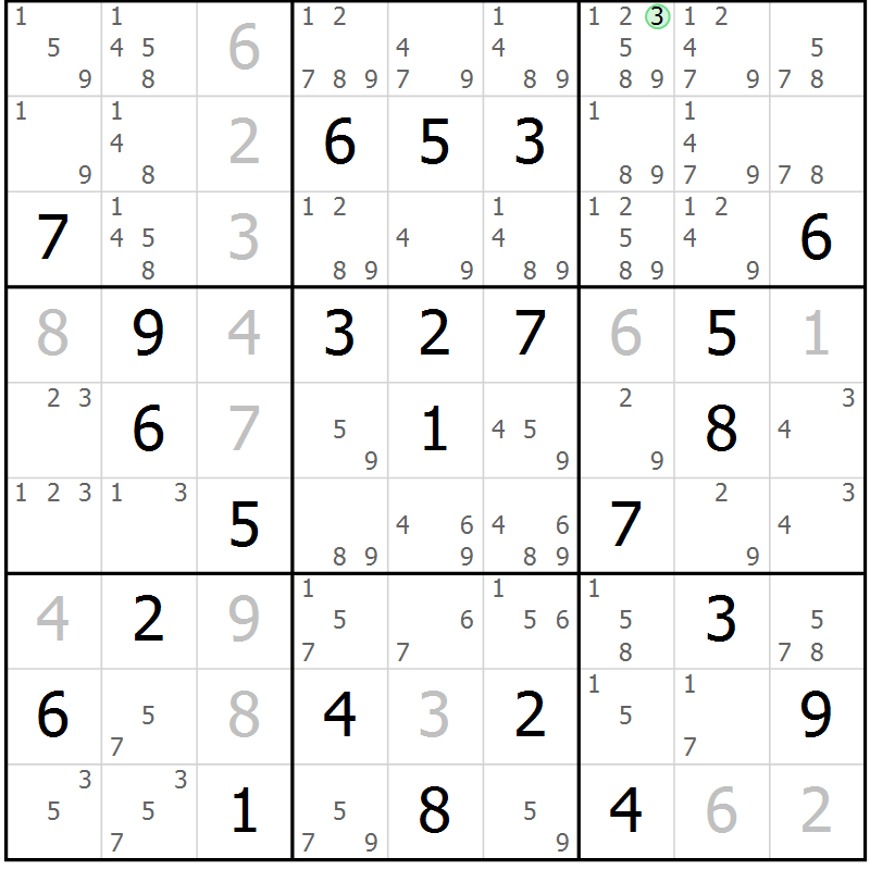 Position des candidats pour la solution de la Gr 60 page 63 du magazine de sudoku Maestro n° 099