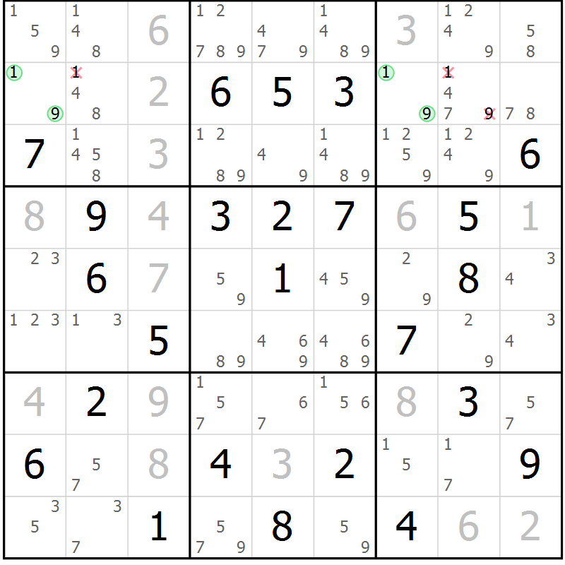 Position des candidats pour la solution de la Gr 60 page 63 du magazine de sudoku Maestro n° 099