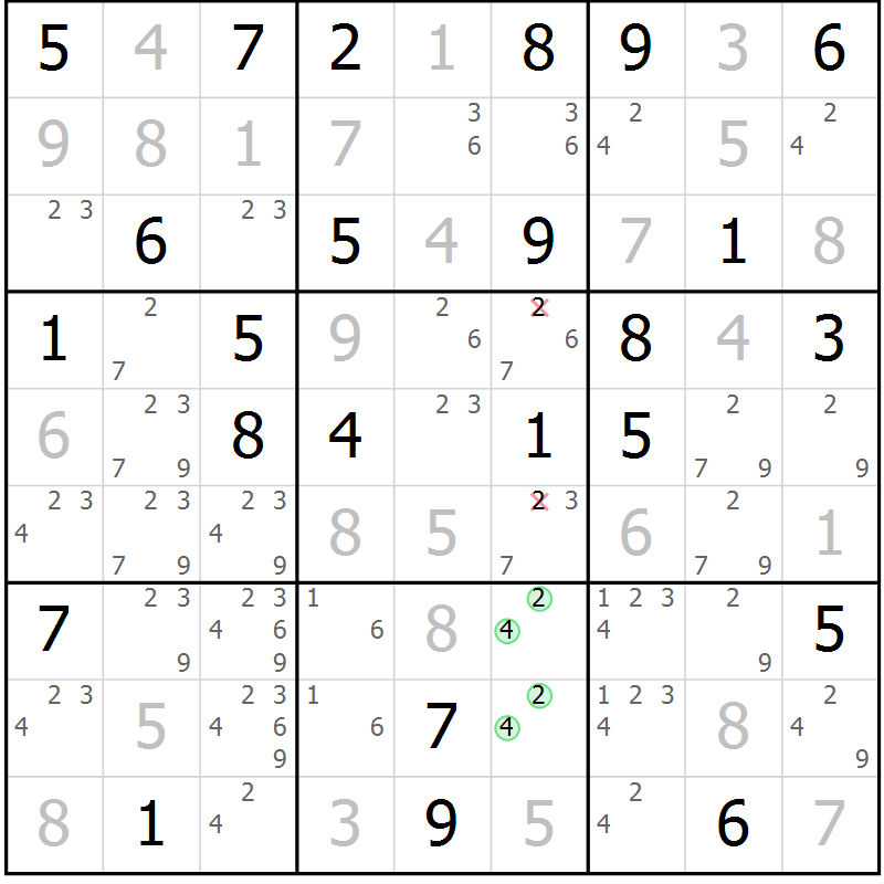 Position des candidats pour la solution de la Gr 61 page 64 du magazine de sudoku Maestro n° 099