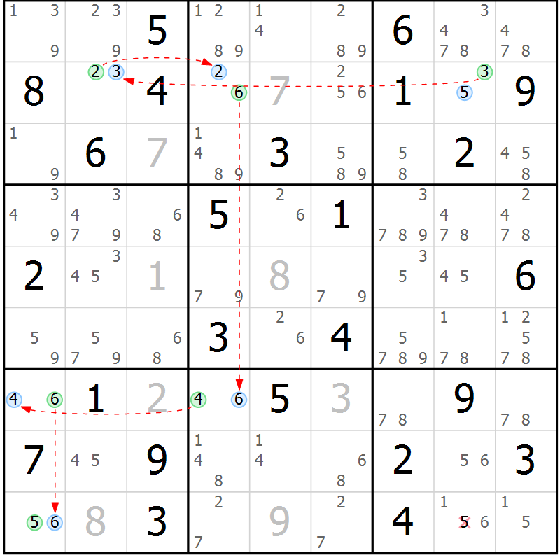 Position des candidats pour la solution de la Gr 62 page 65 du magazine de sudoku Maestro n° 099