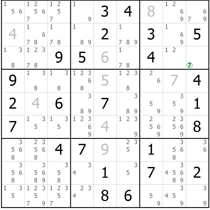 Position des candidats pour la solution de la Gr 64 page 67 du magazine de sudoku Maestro n° 099