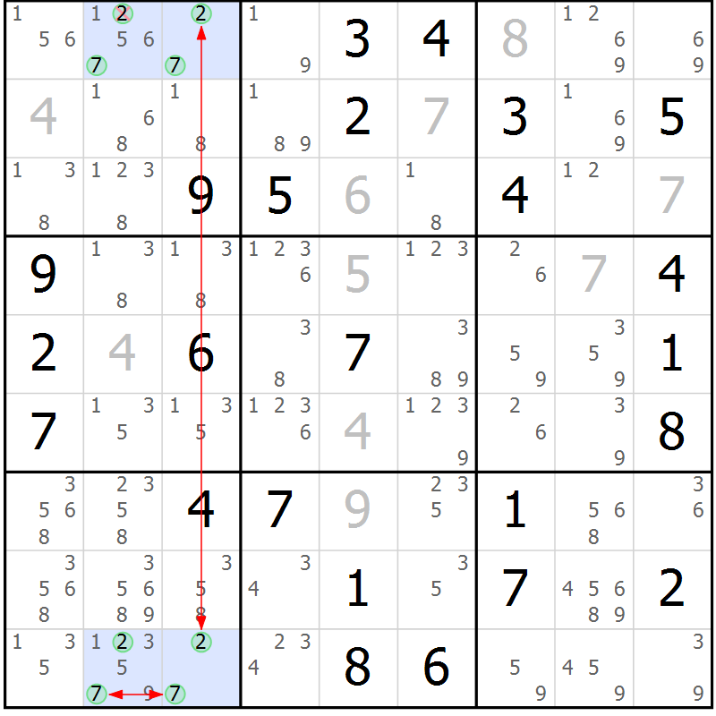 Position des candidats pour la solution de la Gr 64 page 67 du magazine de sudoku Maestro n° 099