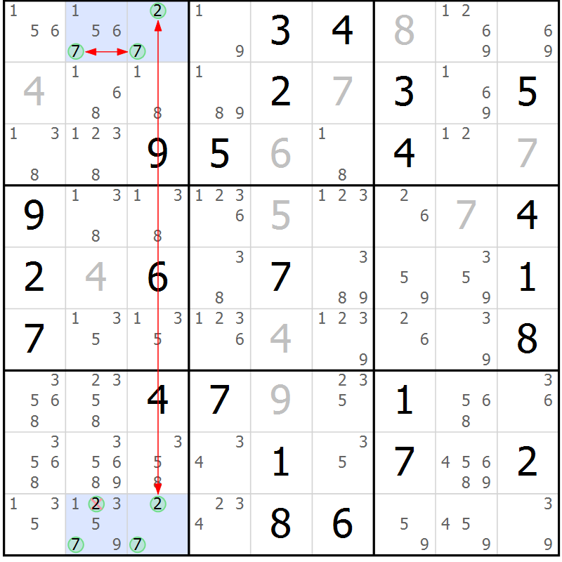 Position des candidats pour la solution de la Gr 64 page 67 du magazine de sudoku Maestro n° 099