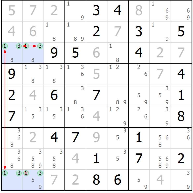 Position des candidats pour la solution de la Gr 64 page 67 du magazine de sudoku Maestro n° 099