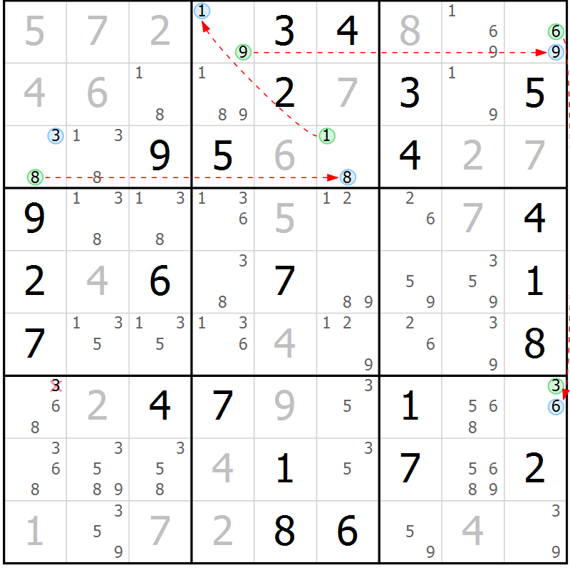 Position des candidats pour la solution de la Gr 64 page 67 du magazine de sudoku Maestro n° 099