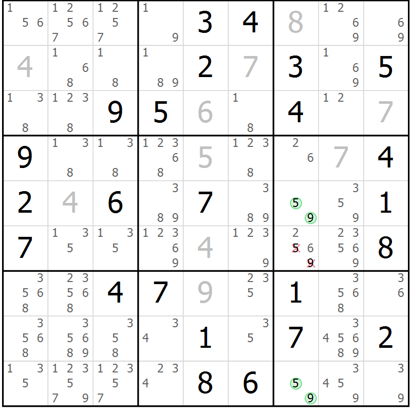 Position des candidats pour la solution de la Gr 64 page 67 du magazine de sudoku Maestro n° 099