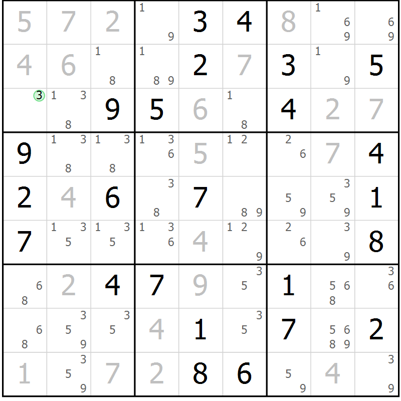Position des candidats pour la solution de la Gr 64 page 67 du magazine de sudoku Maestro n° 099