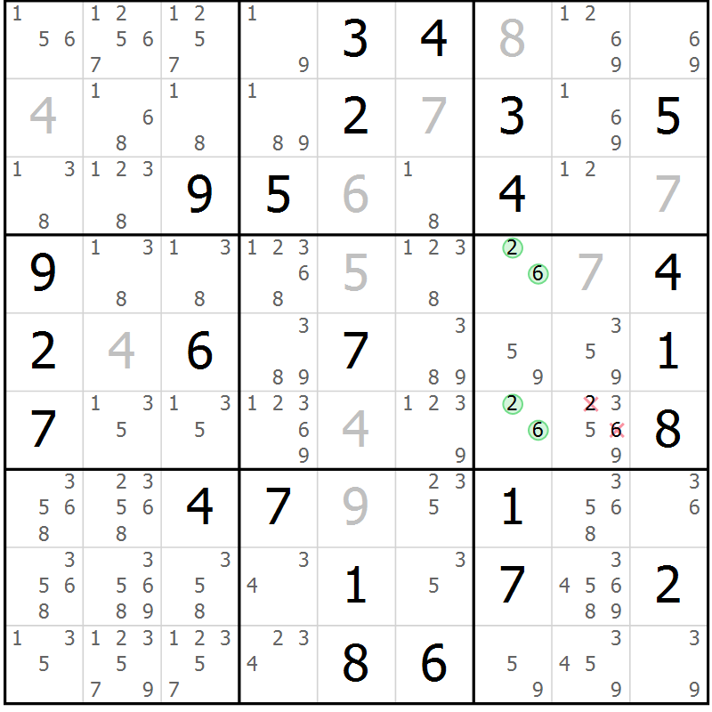 Position des candidats pour la solution de la Gr 64 page 67 du magazine de sudoku Maestro n° 099
