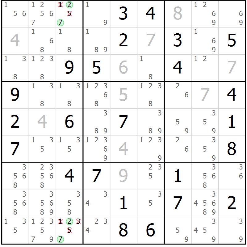 Position des candidats pour la solution de la Gr 64 page 67 du magazine de sudoku Maestro n° 099