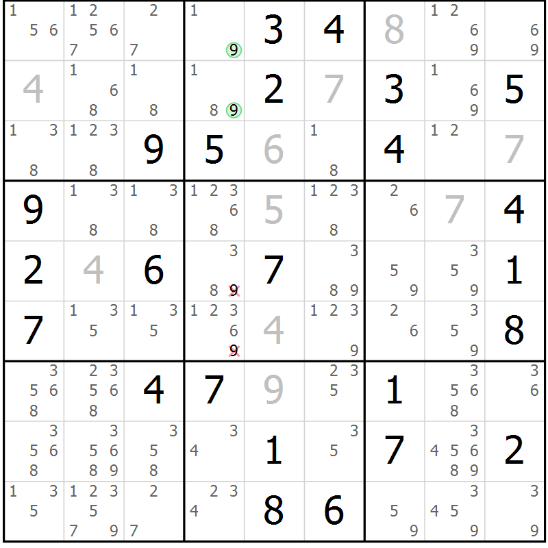 Position des candidats pour la solution de la Gr 64 page 67 du magazine de sudoku Maestro n° 099