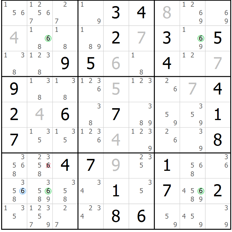 Position des candidats pour la solution de la Gr 64 page 67 du magazine de sudoku Maestro n° 099