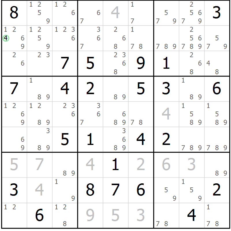 Position des candidats pour la solution de la Gr 65 page 68 du magazine de sudoku Maestro n° 099