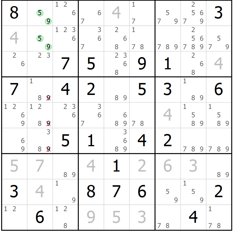 Position des candidats pour la solution de la Gr 65 page 68 du magazine de sudoku Maestro n° 099