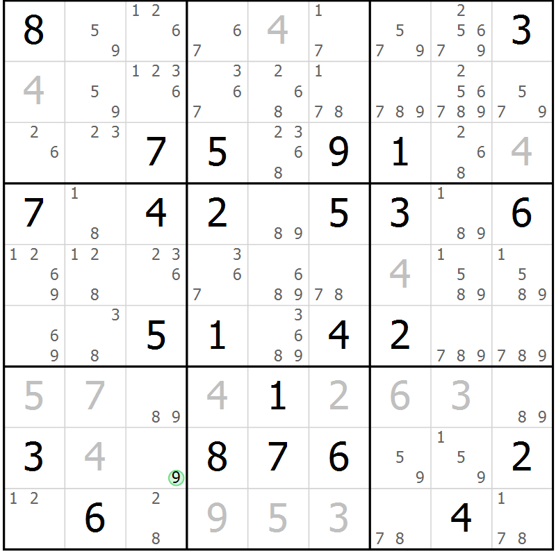 Position des candidats pour la solution de la Gr 65 page 68 du magazine de sudoku Maestro n° 099