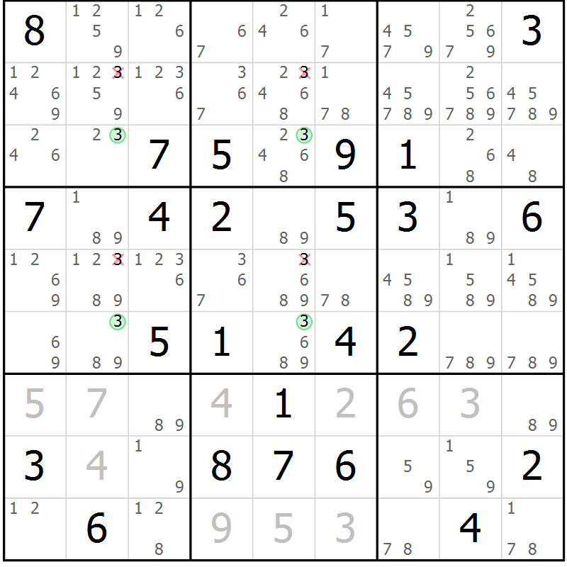 Position des candidats pour la solution de la Gr 65 page 68 du magazine de sudoku Maestro n° 099