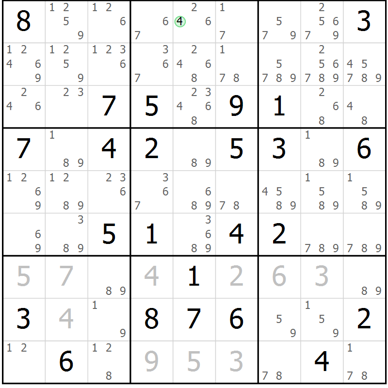 Position des candidats pour la solution de la Gr 65 page 68 du magazine de sudoku Maestro n° 099