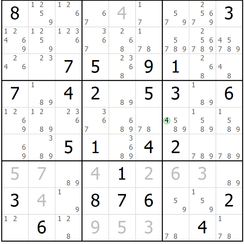 Position des candidats pour la solution de la Gr 65 page 68 du magazine de sudoku Maestro n° 099