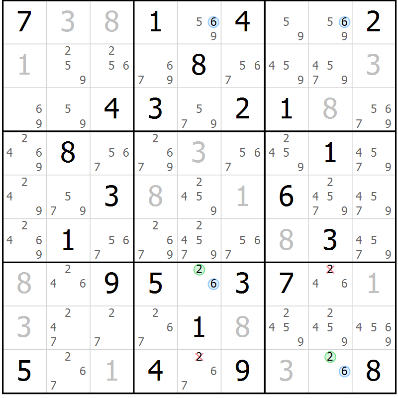 Position des candidats pour la solution de la Gr 67 page 70 du magazine de sudoku Maestro n° 099