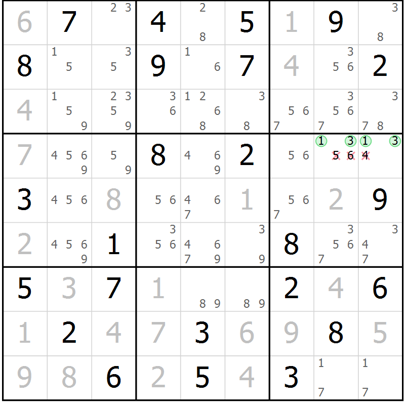 Position des candidats pour la solution de la Gr 68 page 71 du magazine de sudoku Maestro n° 099