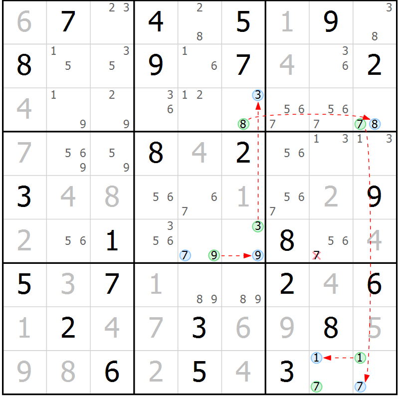 Position des candidats pour la solution de la Gr 68 page 71 du magazine de sudoku Maestro n° 099