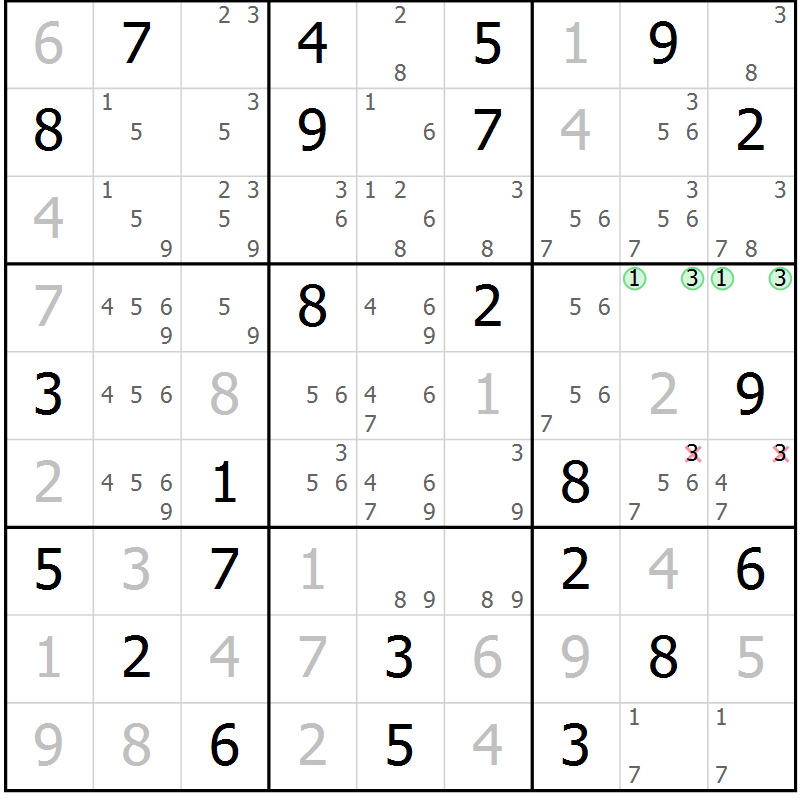 Position des candidats pour la solution de la Gr 68 page 71 du magazine de sudoku Maestro n° 099