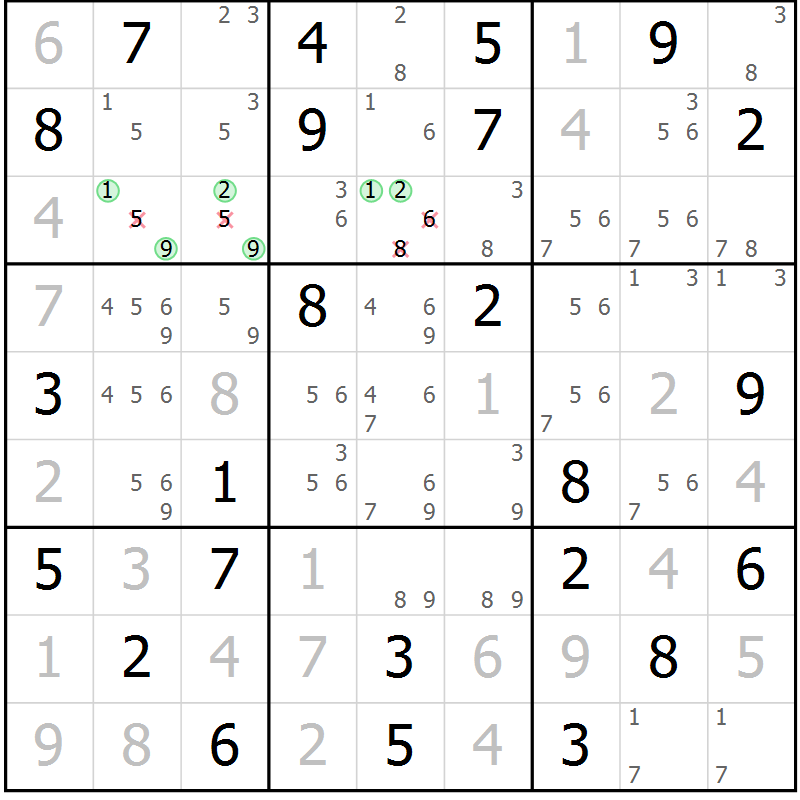 Position des candidats pour la solution de la Gr 68 page 71 du magazine de sudoku Maestro n° 099
