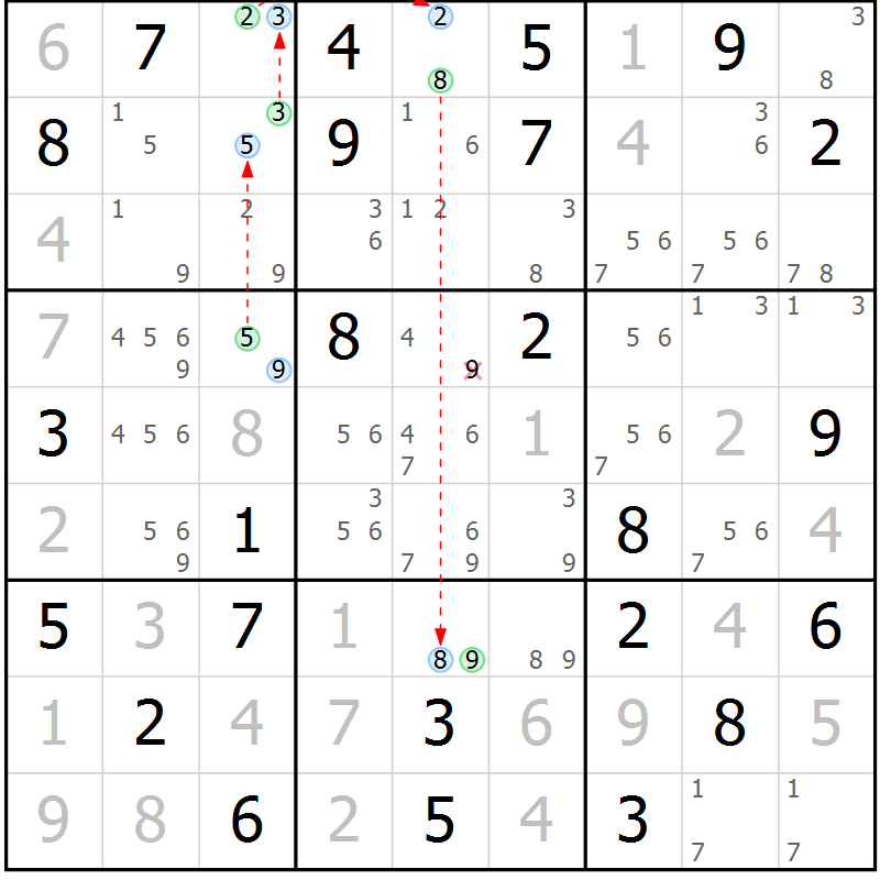 Position des candidats pour la solution de la Gr 68 page 71 du magazine de sudoku Maestro n° 099